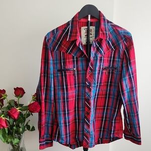 JNCO Red and Blue Plaid Casual Button Down Shirt